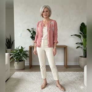 NWT Badgley Mischka Beaded Floral Cardigan Ruffle Trimmed Cuffs And Hemline Sz L